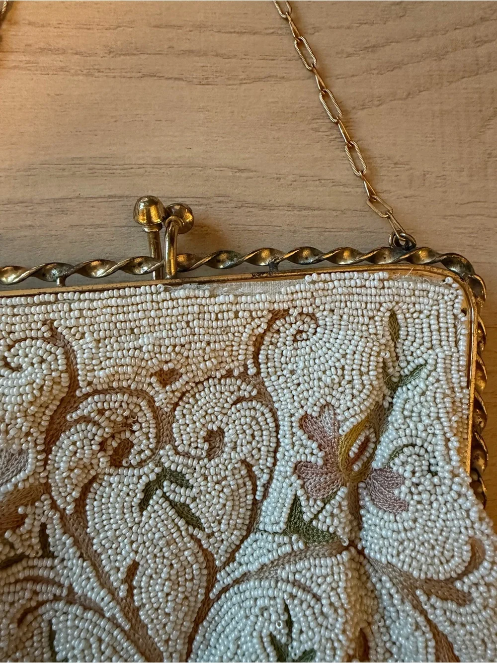 Vintage Longchamp Cream Beaded Floral Evening Clutch with Gold Chain